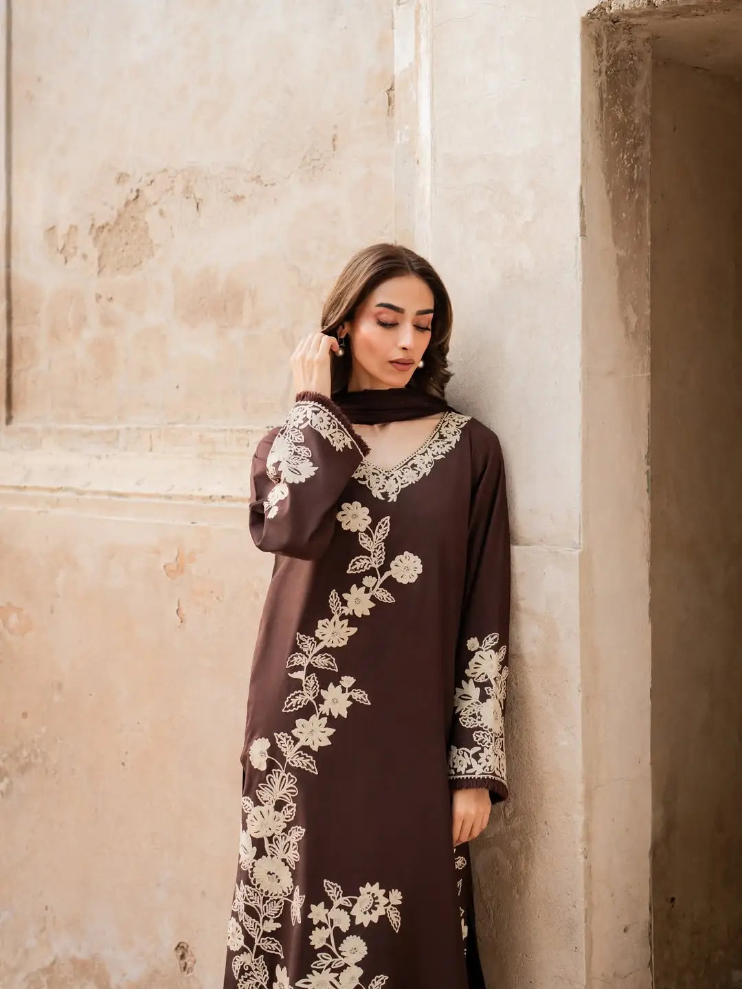 Women's Stitched Linen Suit - Brown, Embroidered, Design 2