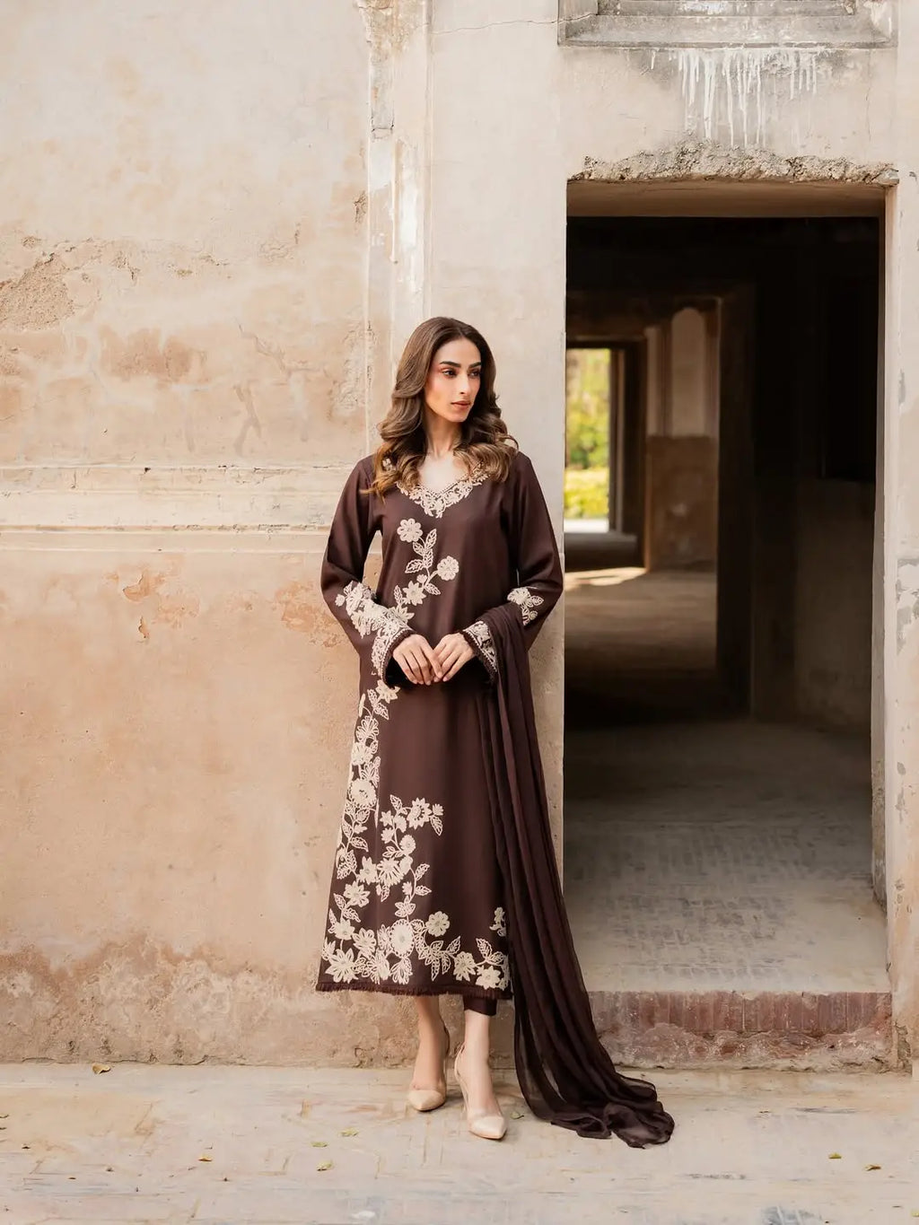 Women's Stitched Linen Suit - Brown, Embroidered, Design 2