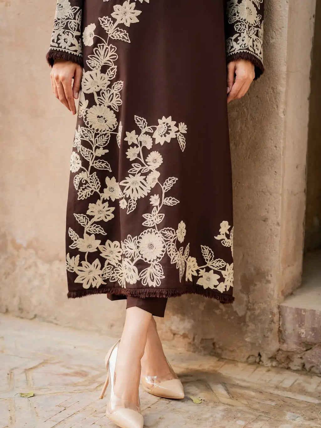 Women's Stitched Linen Suit - Brown, Embroidered, Design 2