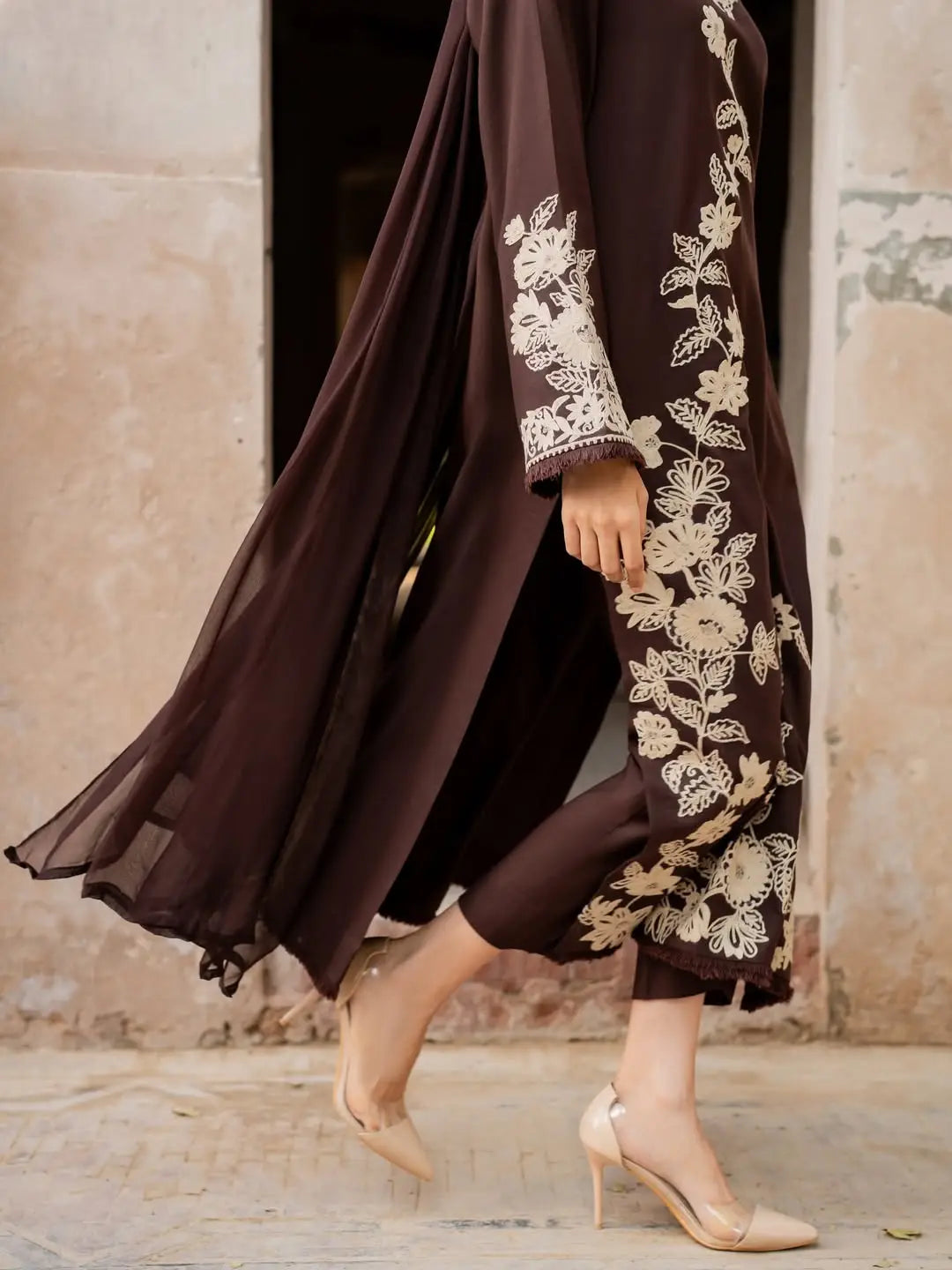 Women's Stitched Linen Suit - Brown, Embroidered, Design 2