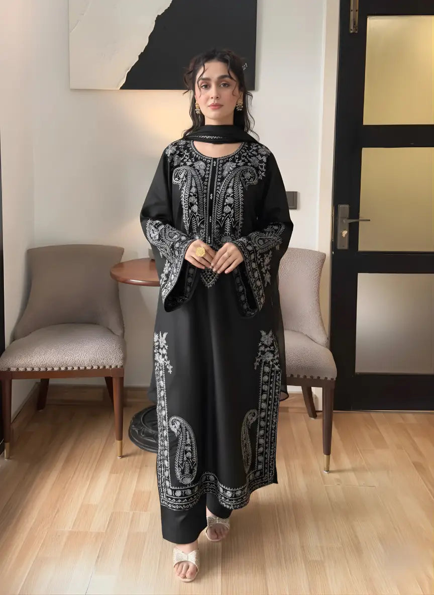 Black Embroidered Linen Suit - 3-Piece Stitched with Chiffon Dupatta (Design 2)