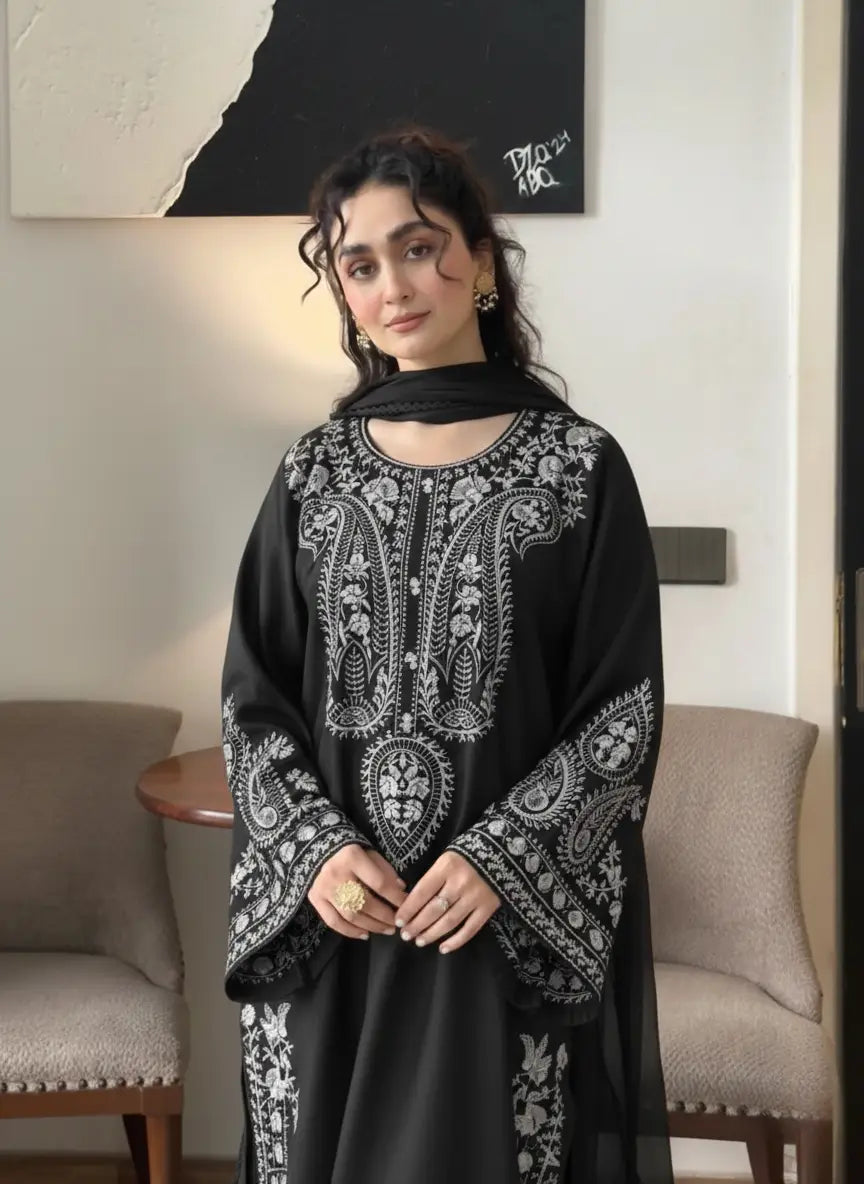 Black Embroidered Linen Suit - 3-Piece Stitched with Chiffon Dupatta (Design 2) - view 2