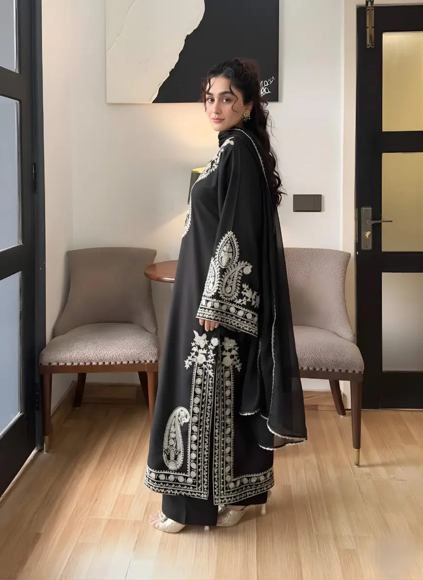 Black Embroidered Linen Suit - 3-Piece Stitched with Chiffon Dupatta (Design 2) - view 3