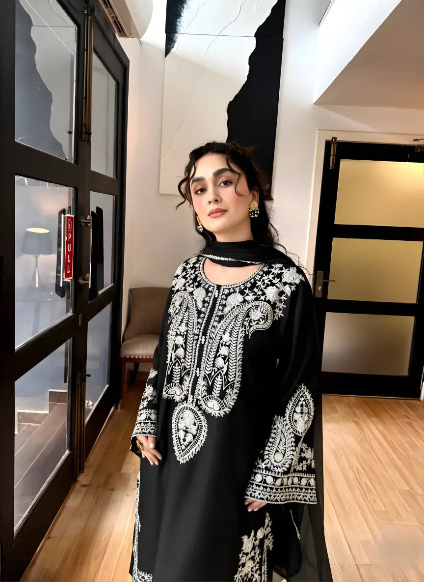 Black Embroidered Linen Suit - 3-Piece Stitched with Chiffon Dupatta (Design 2) - view 4