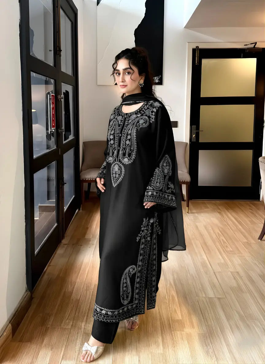 Black Embroidered Linen Suit - 3-Piece Stitched with Chiffon Dupatta (Design 2) - view 5
