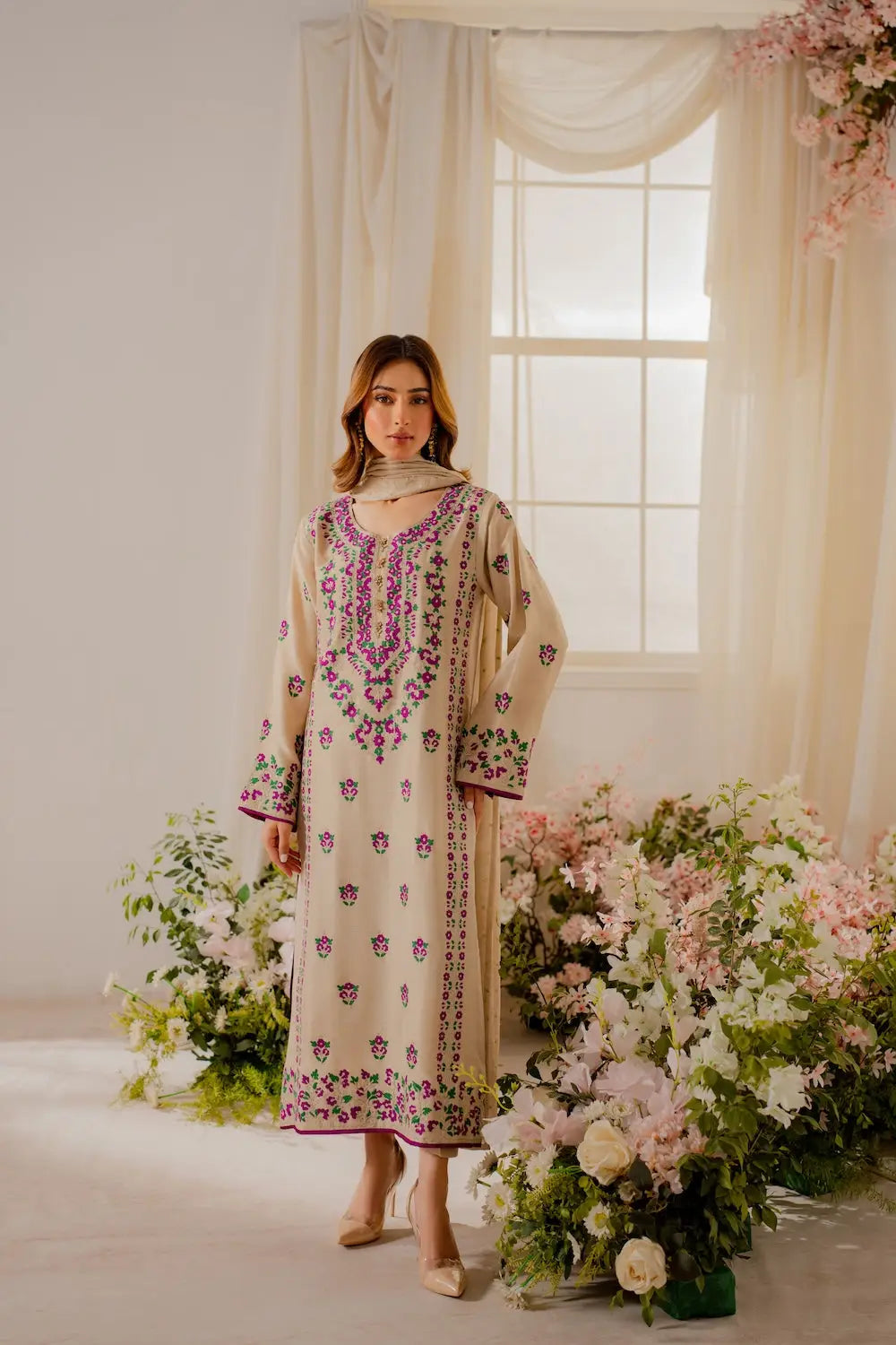 Women's Embroidered Linen Suit - Beige, 3 Piece, Stitched