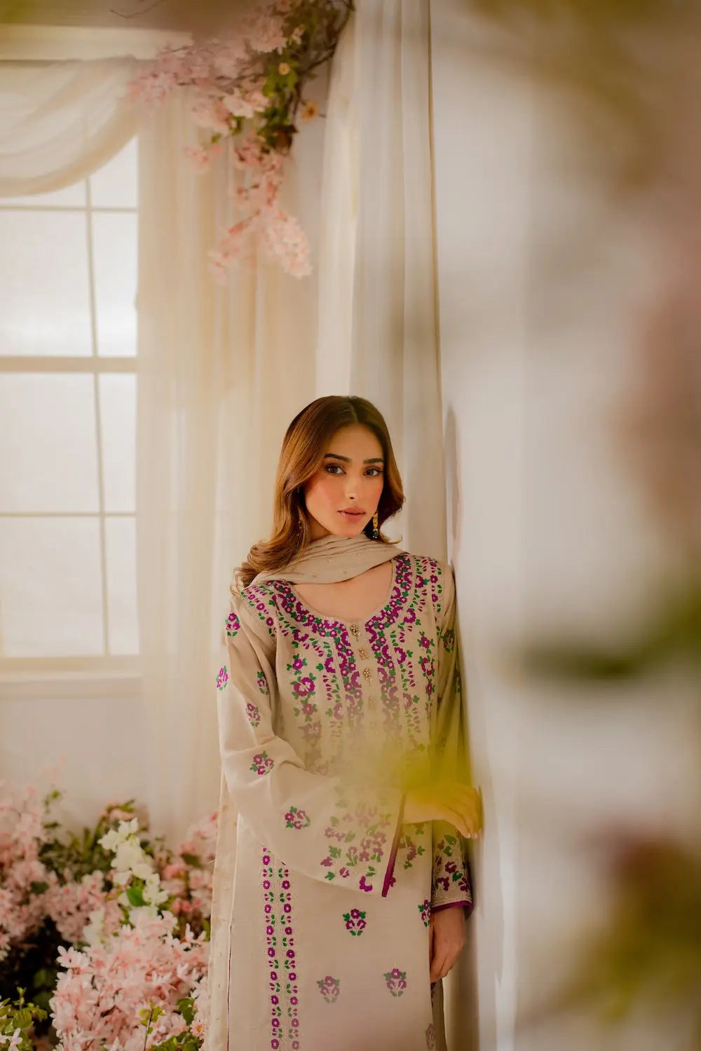 Women's Embroidered Linen Suit - Beige, 3 Piece, Stitched