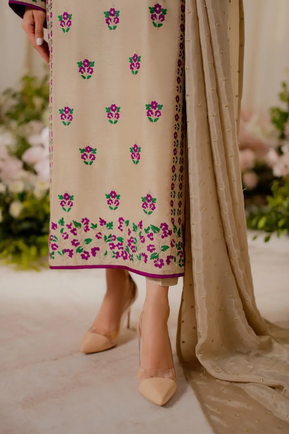 Women's Embroidered Linen Suit - Beige, 3 Piece, Stitched