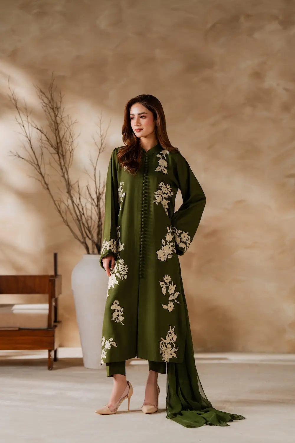 Green Embroidered Linen Suit - 3-Piece Stitched