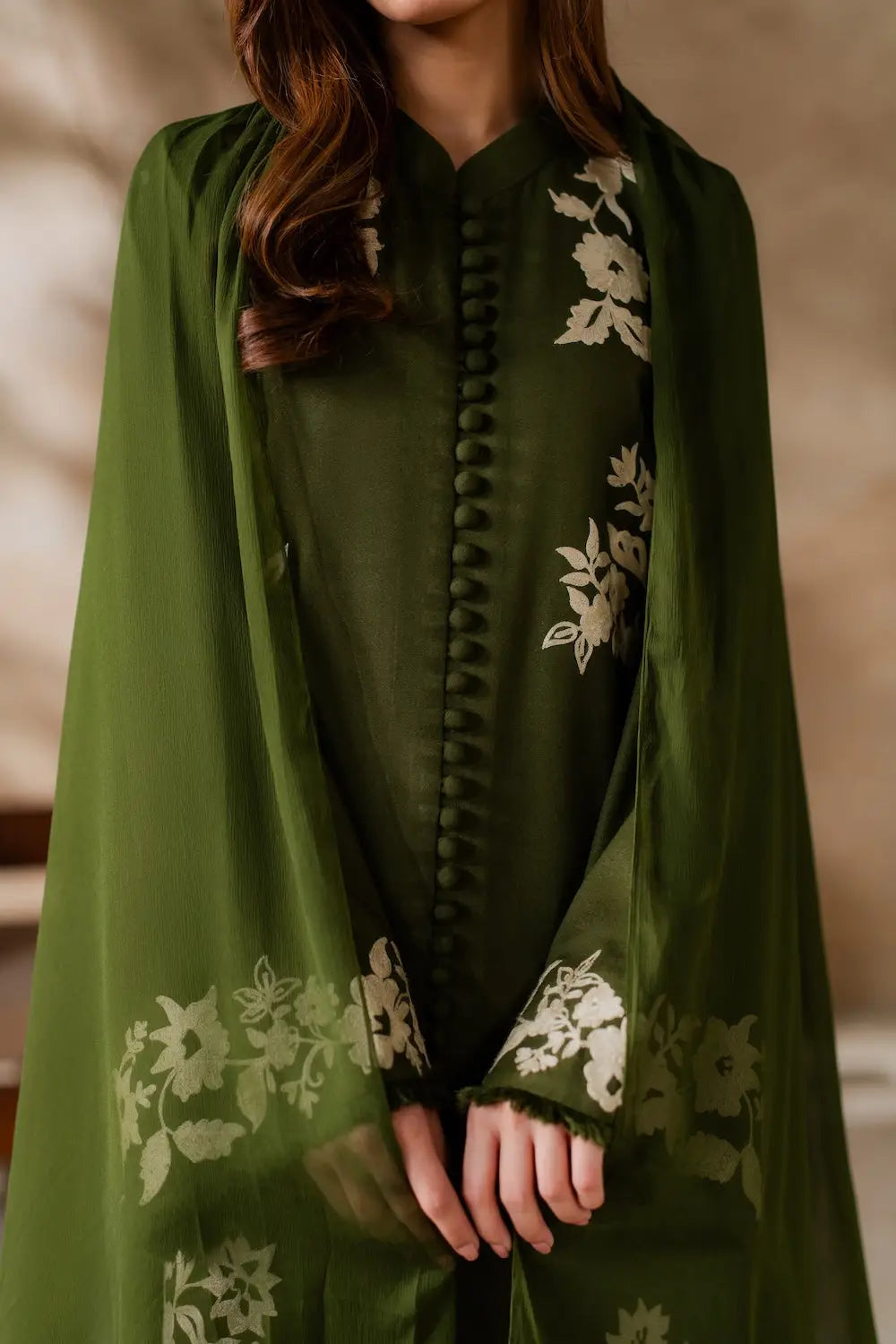 Green Embroidered Linen Suit - 3-Piece Stitched - view 4