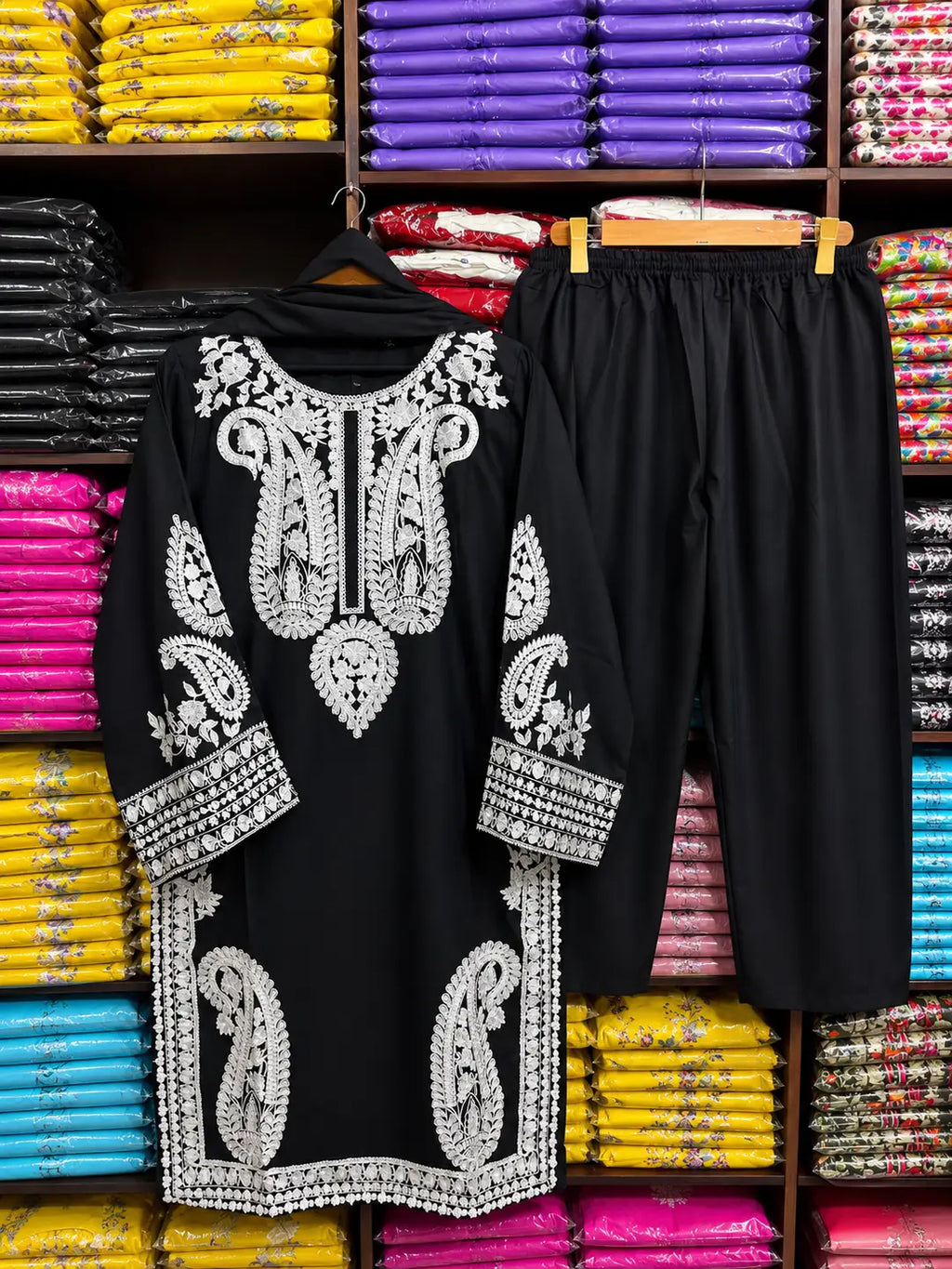Black Embroidered Linen Suit - 3-Piece Stitched with Chiffon Dupatta (Design 2) - view 7