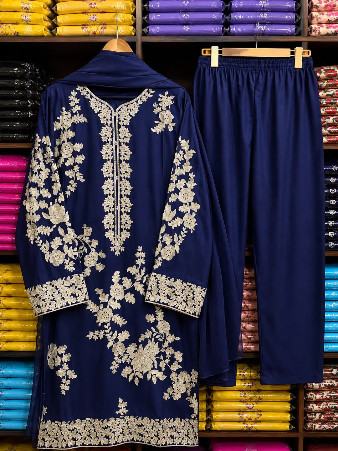 Women's Embroidered Linen Suit - Blue, Round Neck, Stitched