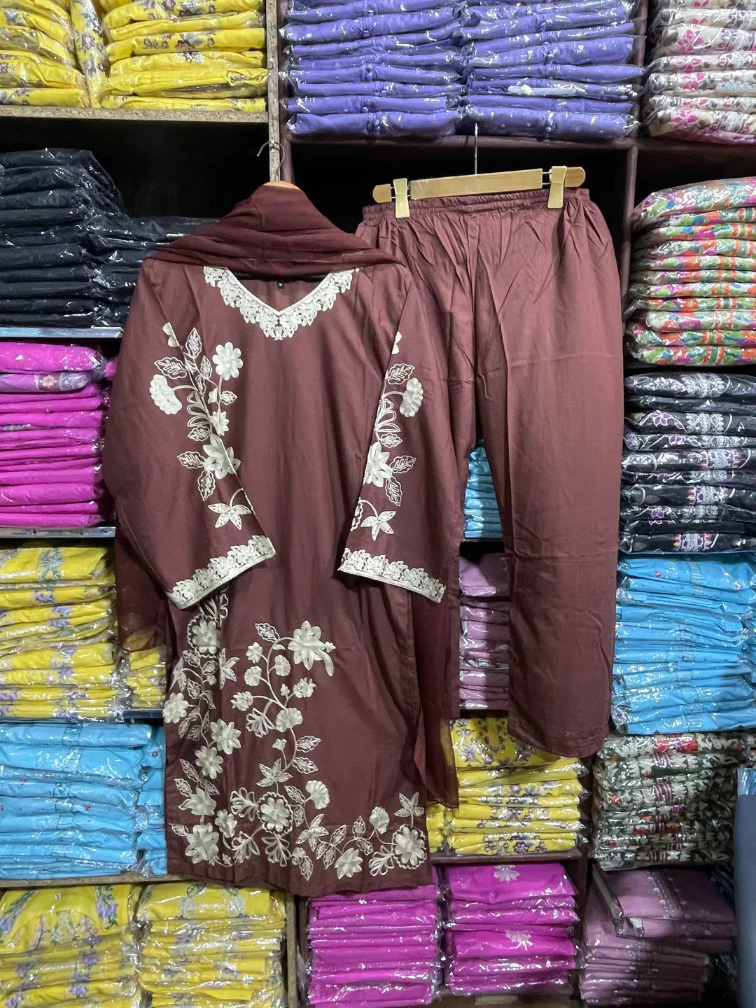 Women's Stitched Linen Suit - Brown, Embroidered, Design 2