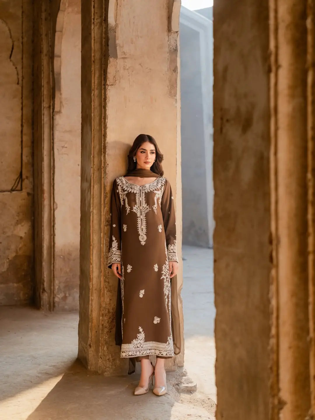 Women's Linen Suit - Brown, Embroidered, 3 Piece, Design 1