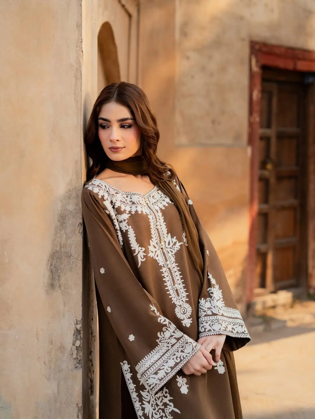 Women's Linen Suit - Brown, Embroidered, 3 Piece, Design 1