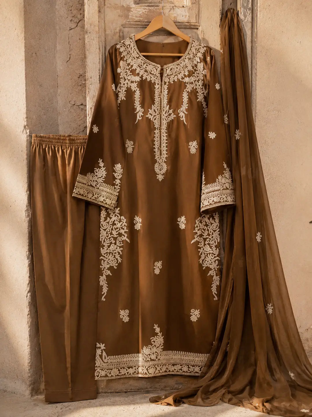 Women's Linen Suit - Brown, Embroidered, 3 Piece, Design 1