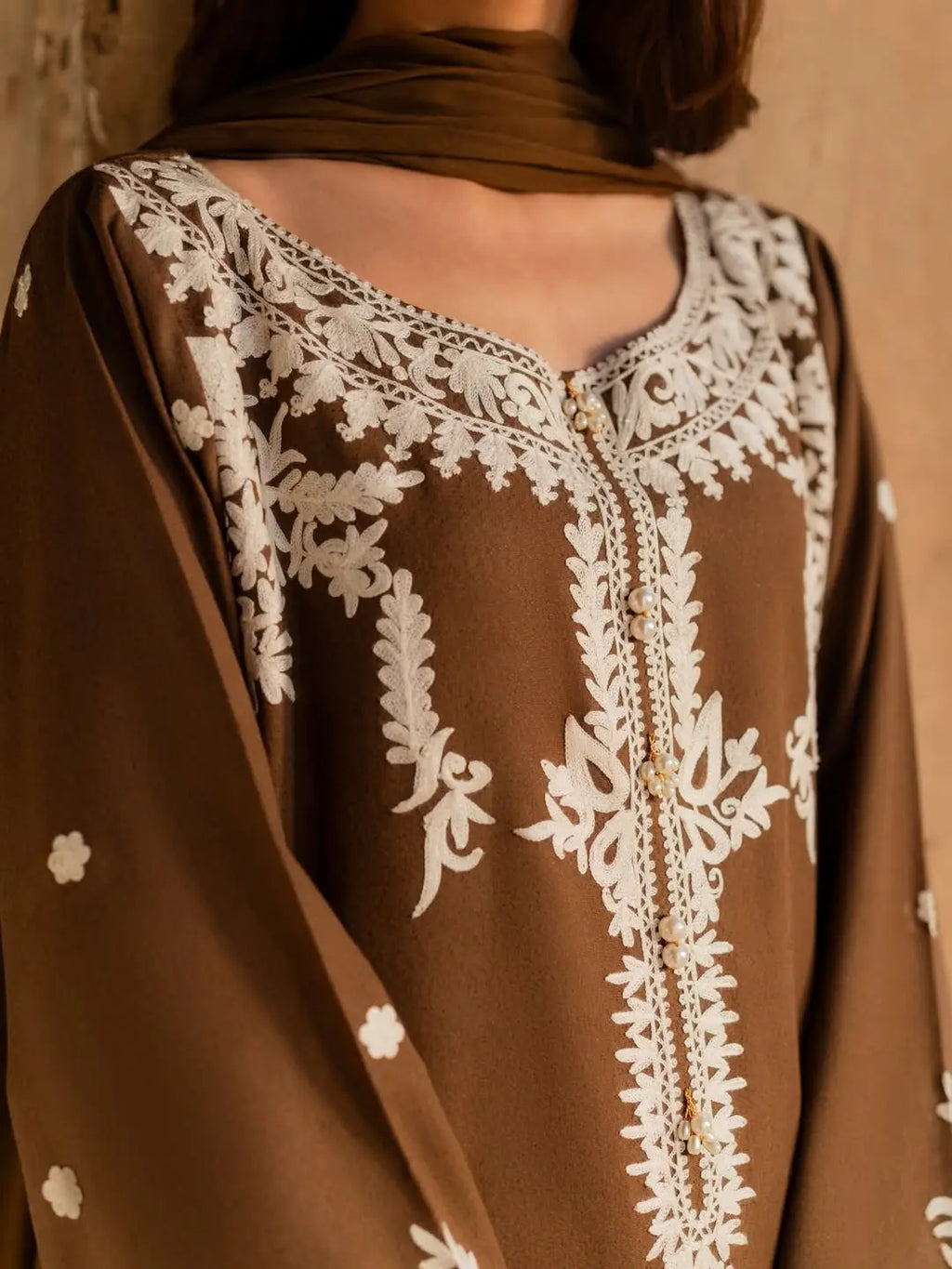 Women's Linen Suit - Brown, Embroidered, 3 Piece, Design 1