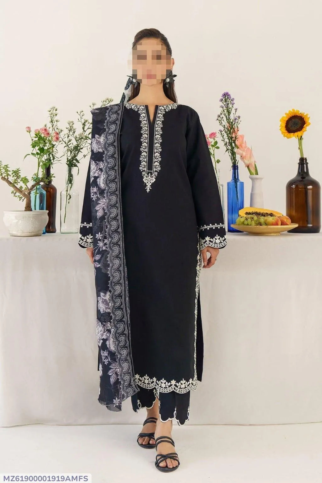Black Embroidered Dhanak Suit - 3-Piece Unstitched with Pashmina Dupatta (Design 1) - view 8