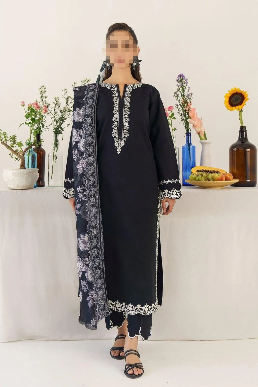 Black Embroidered Dhanak Suit - 3-Piece Unstitched with Pashmina Dupatta (Design 1)