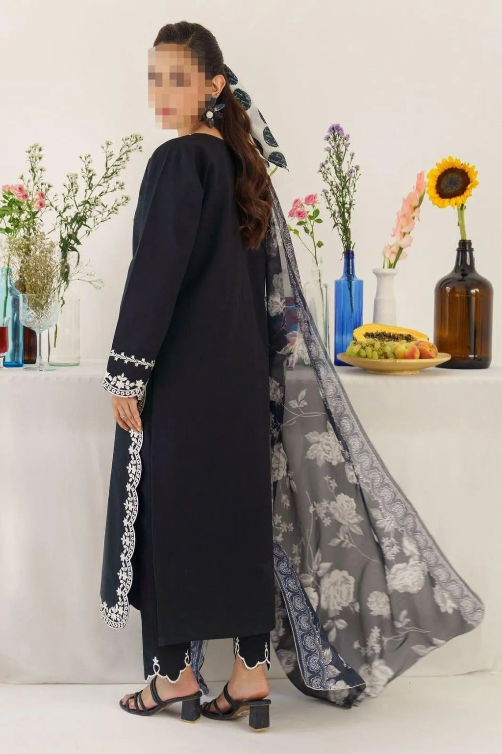 Black Embroidered Dhanak Suit - 3-Piece Unstitched with Pashmina Dupatta (Design 1) - view 2