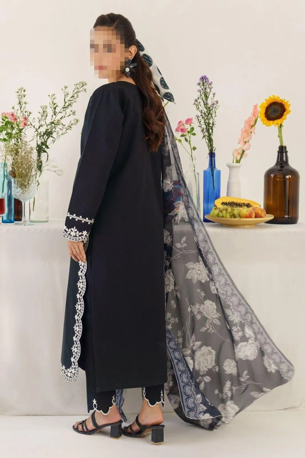 Black Embroidered Dhanak Suit - 3-Piece Unstitched with Pashmina Dupatta (Design 1) - view 2
