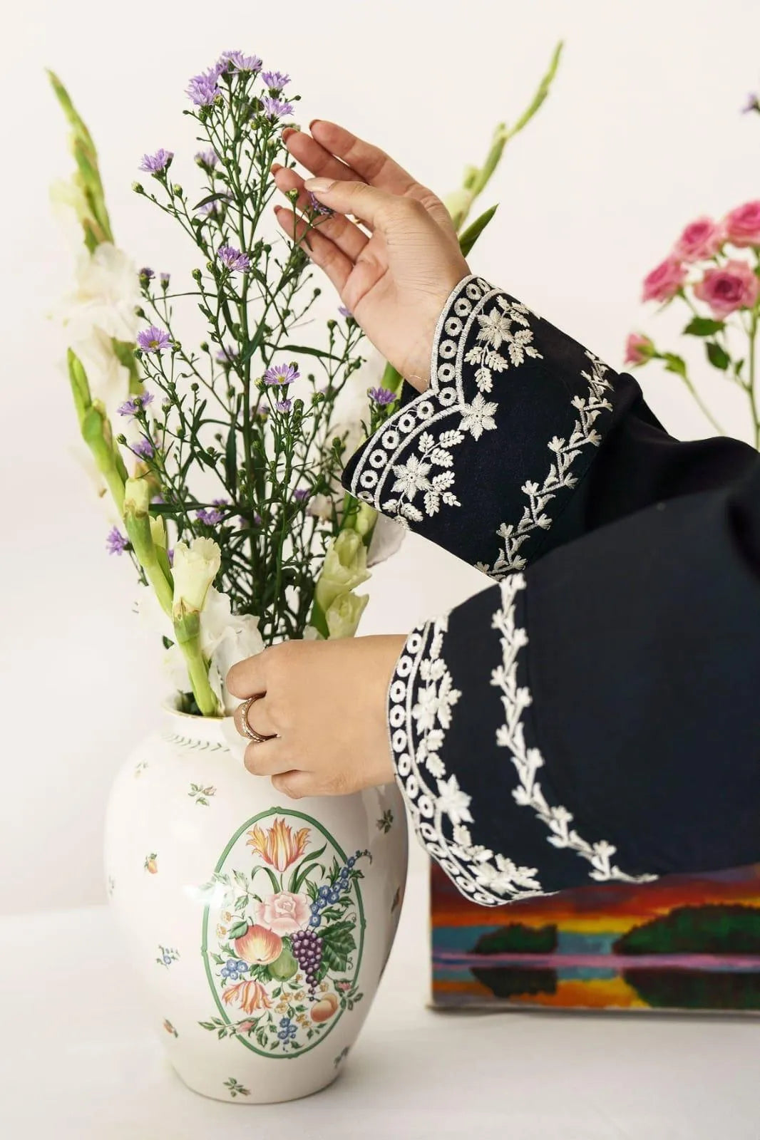 Black Embroidered Dhanak Suit - 3-Piece Unstitched with Pashmina Dupatta (Design 1) - view 3