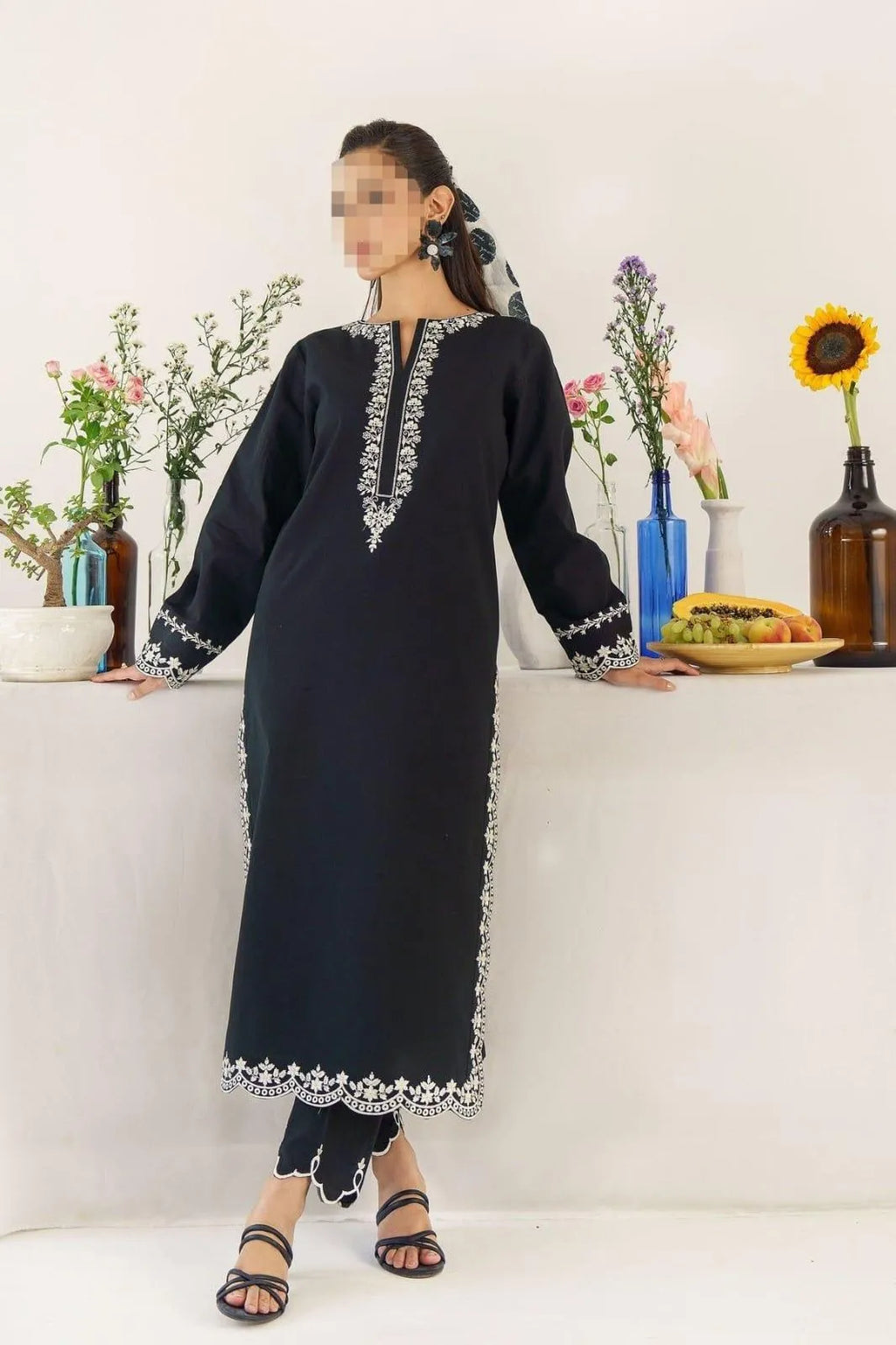 Black Embroidered Dhanak Suit - 3-Piece Unstitched with Pashmina Dupatta (Design 1) - view 4