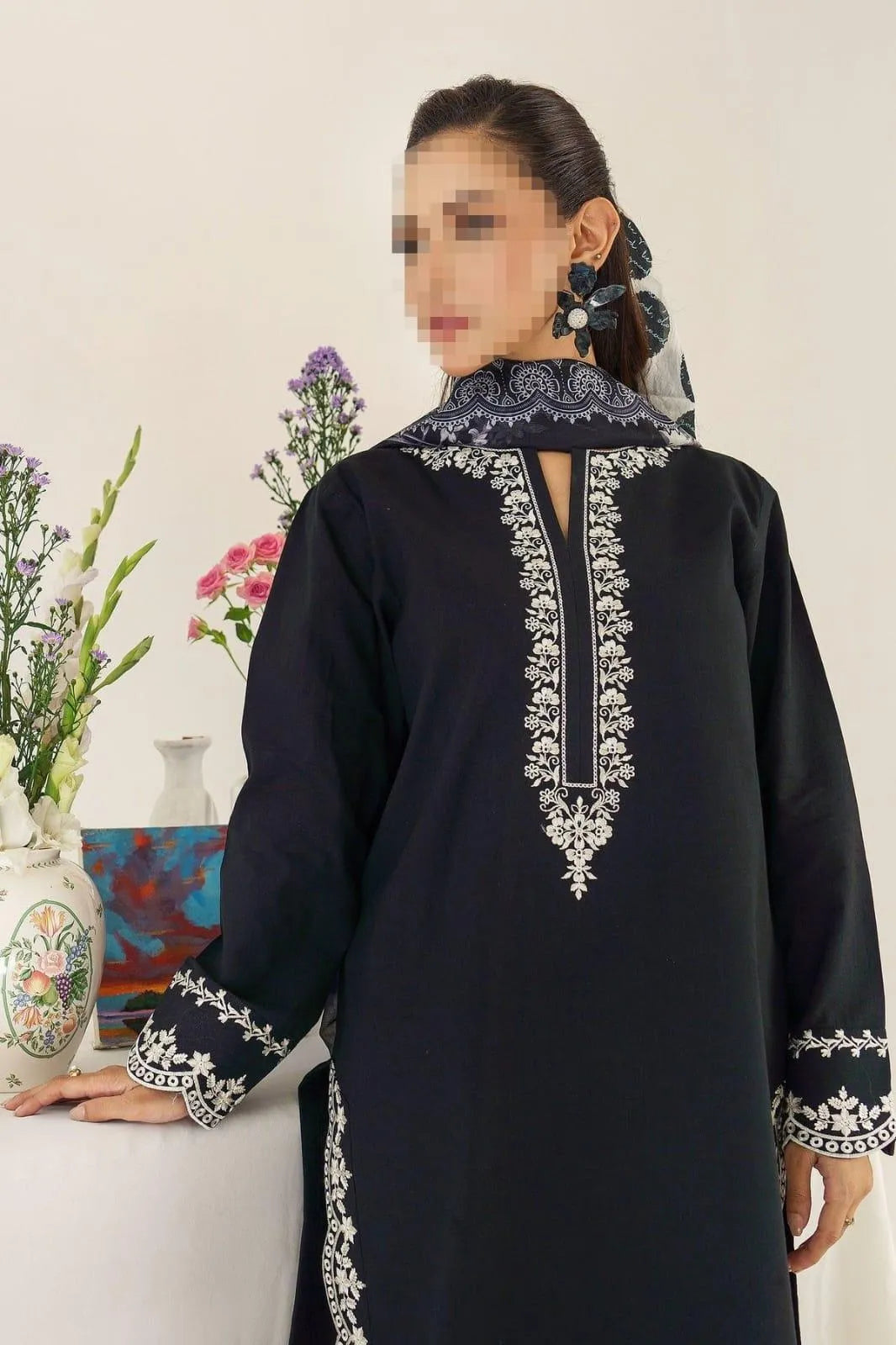 Black Embroidered Dhanak Suit - 3-Piece Unstitched with Pashmina Dupatta (Design 1) - view 5