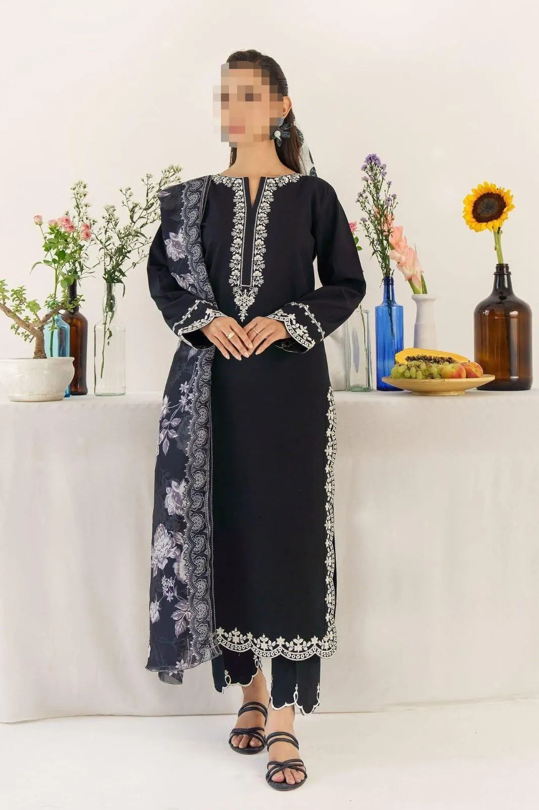 Black Embroidered Dhanak Suit - 3-Piece Unstitched with Pashmina Dupatta (Design 1) - view 7