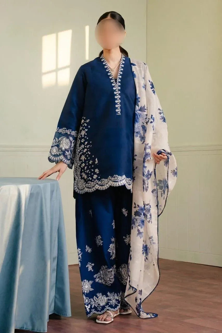 Unstitched Lawn Suit - Blue, 3 Piece, Embroidered Trouser