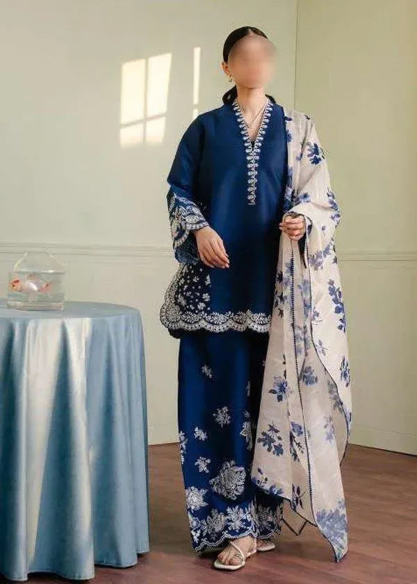 Unstitched Lawn Suit - Blue, 3 Piece, Embroidered Trouser