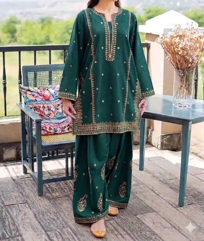 Green Embroidered Lawn Suit - 2-Piece Unstitched with Cotton Trouser