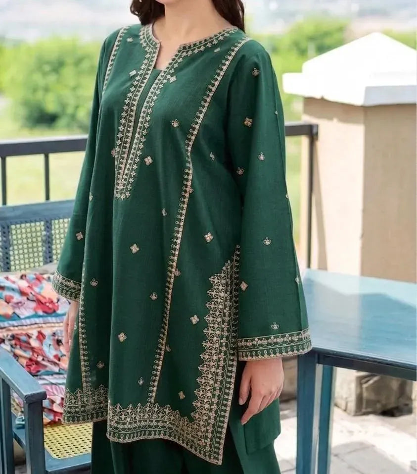 Green Embroidered Lawn Suit - 2-Piece Unstitched with Cotton Trouser - view 2