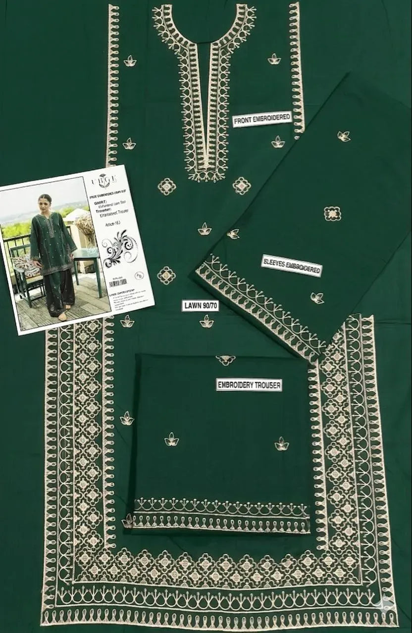 Green Embroidered Lawn Suit - 2-Piece Unstitched with Cotton Trouser - view 3