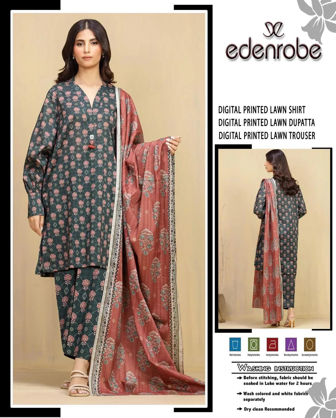 Green Printed Lawn Suit - 3-Piece Unstitched with Lawn Dupatta (Design 2)