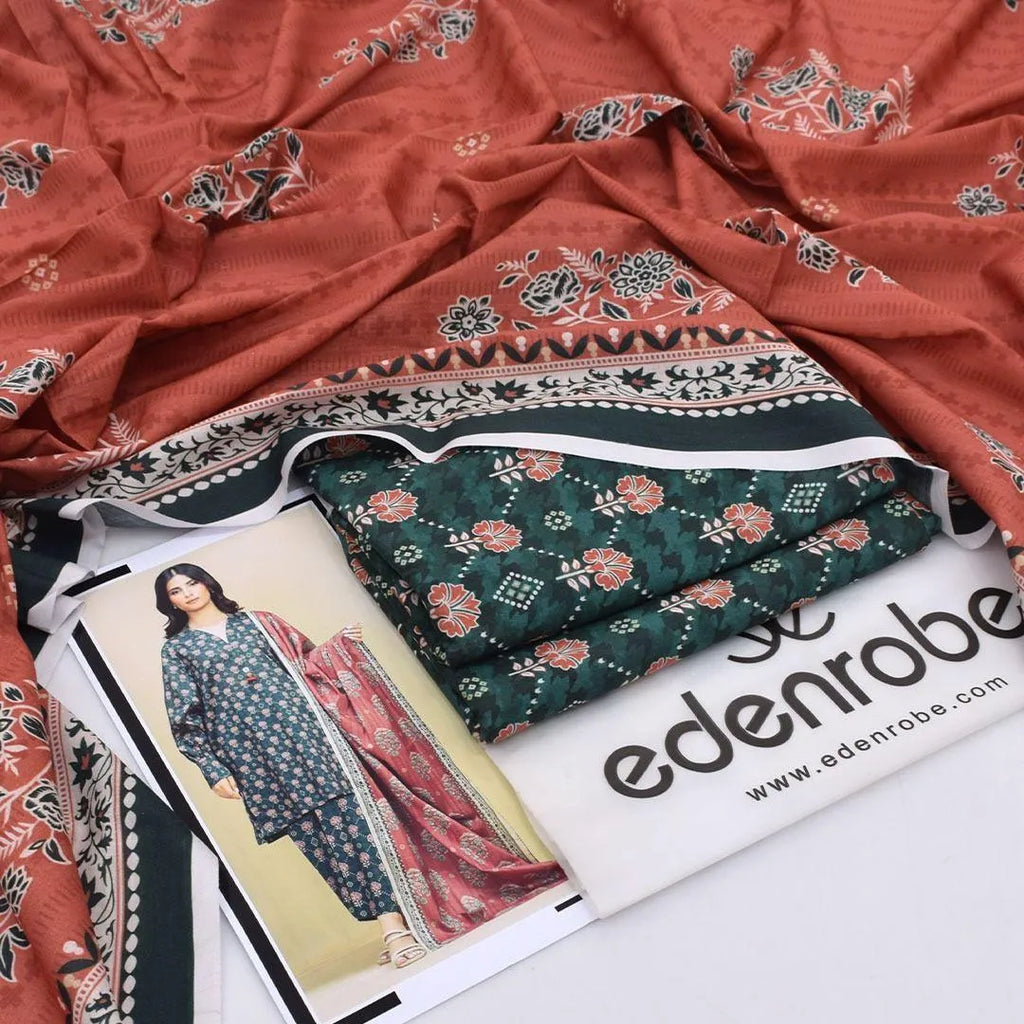 Green Printed Lawn Suit - 3-Piece Unstitched with Lawn Dupatta (Design 2) - view 2