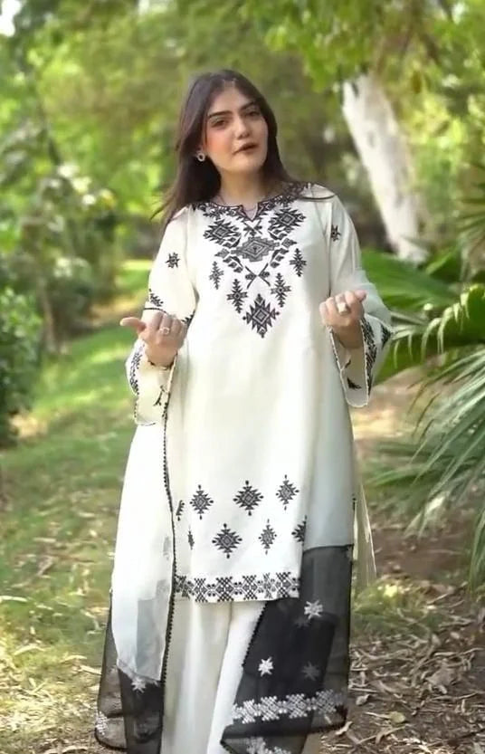 Women's Linen Suit - White, Embroidered, 3 Piece, Stitched