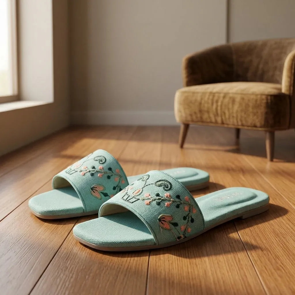 Women's Sea Green Threadwork Slides