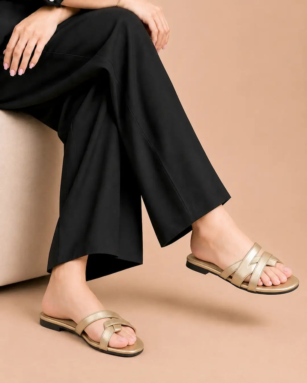 Metallic Cross Strap Slip-On Flat - 077 - Golden