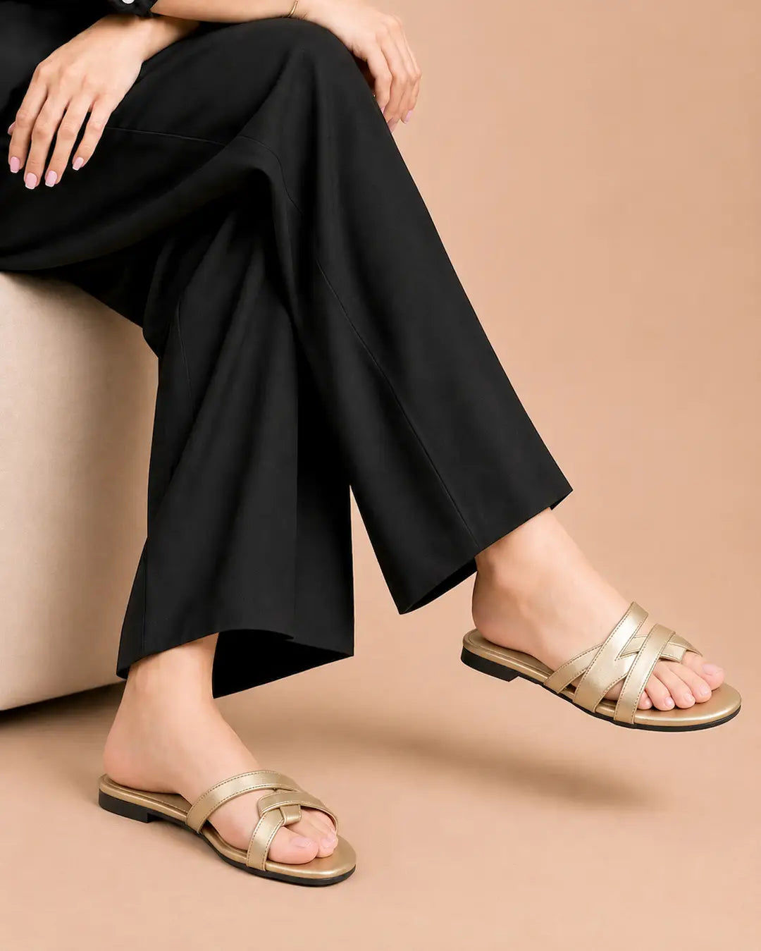 Metallic Cross Strap Slip-On Flat - 077 - Golden