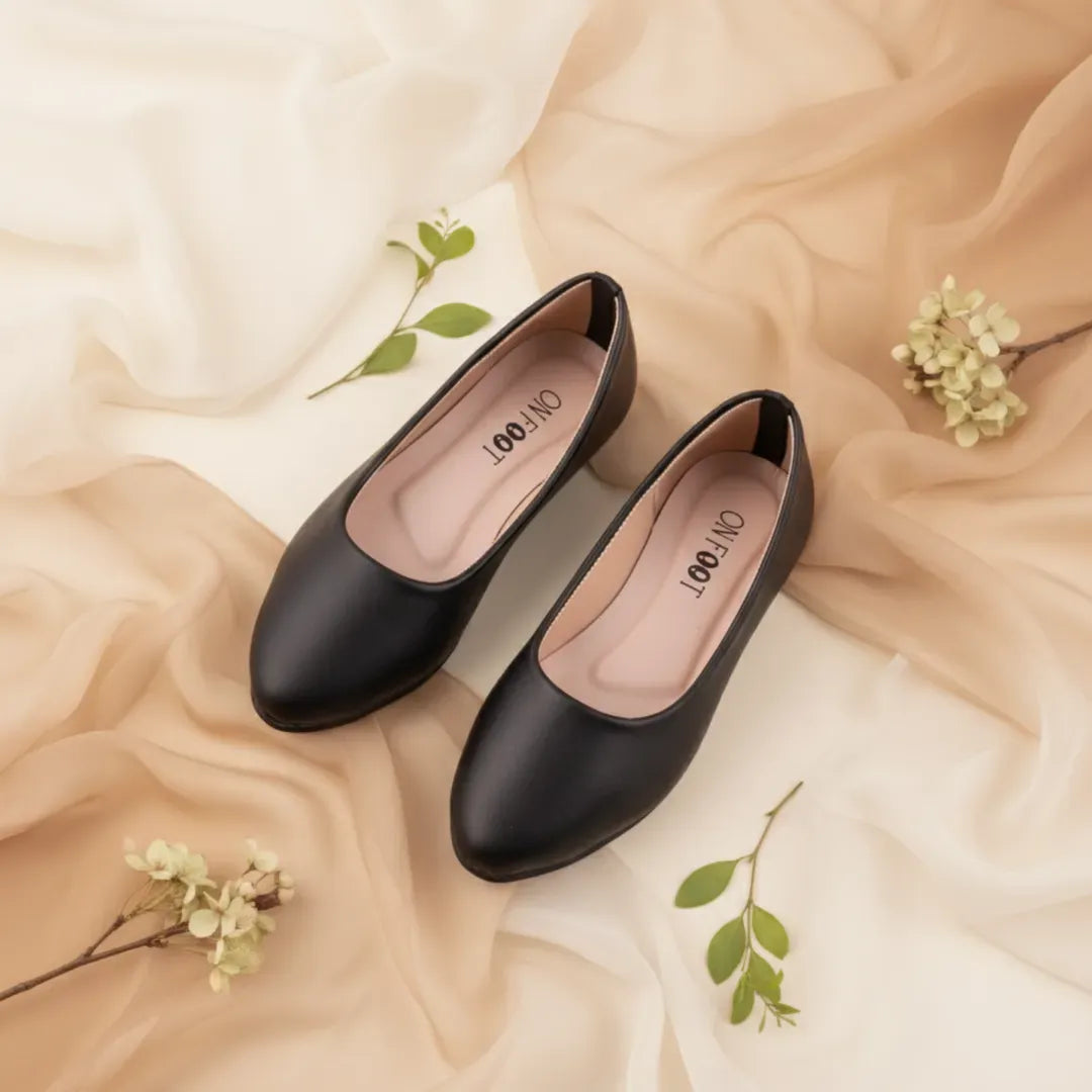 Women's Flat Slip-On Pumps - Black Rexine, Casual & Formal