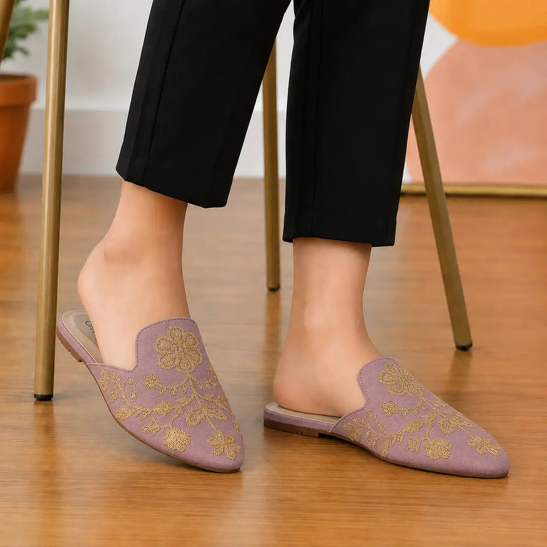 Women's Backless Loafers - Pink Velvet, Floral Embroidered