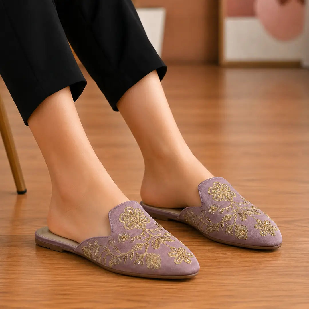 Women's Backless Loafers - Pink Velvet, Floral Embroidered