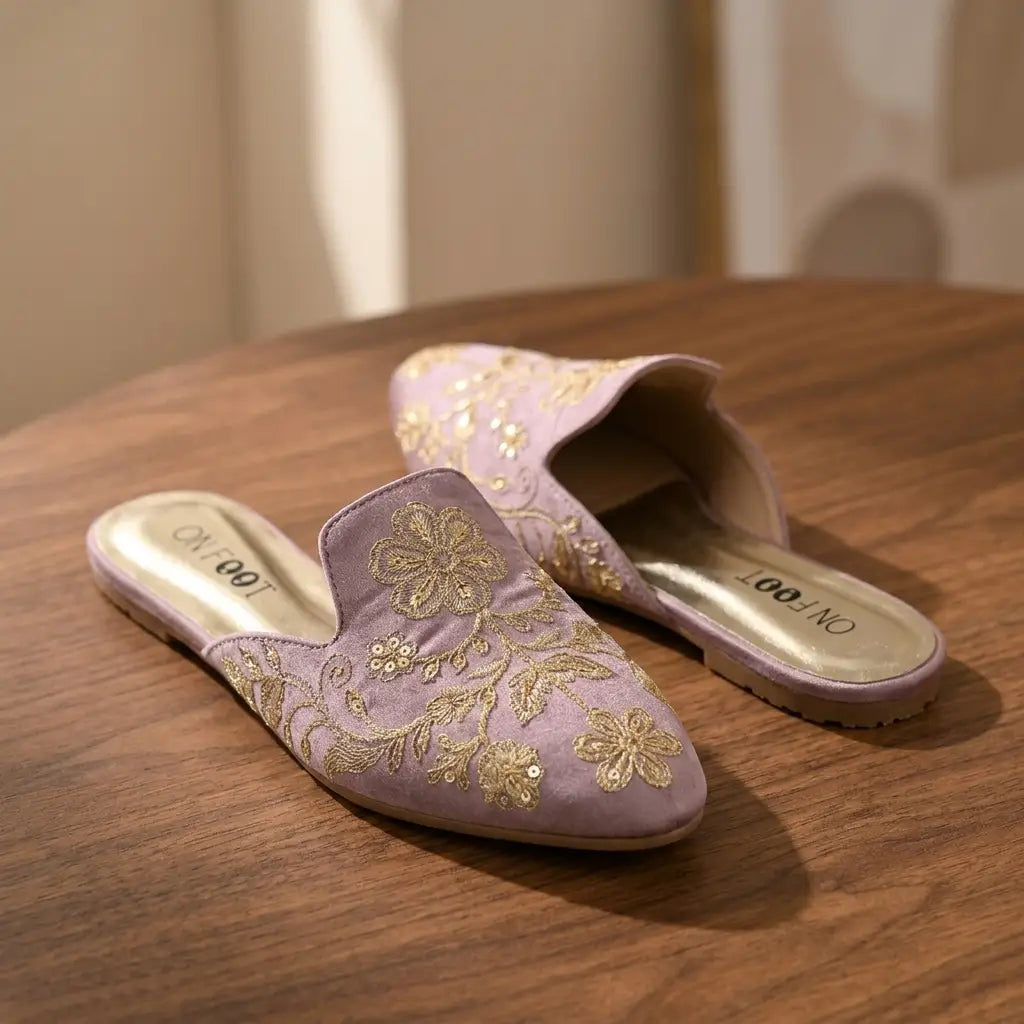 Women's Backless Loafers - Pink Velvet, Floral Embroidered
