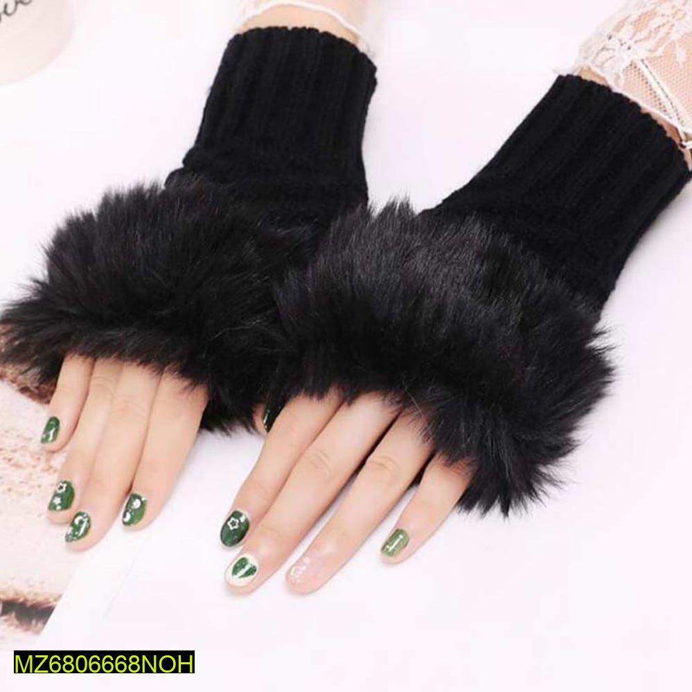Women's Faux Fur Winter Gloves - Black Wool Knit, 1 Pair