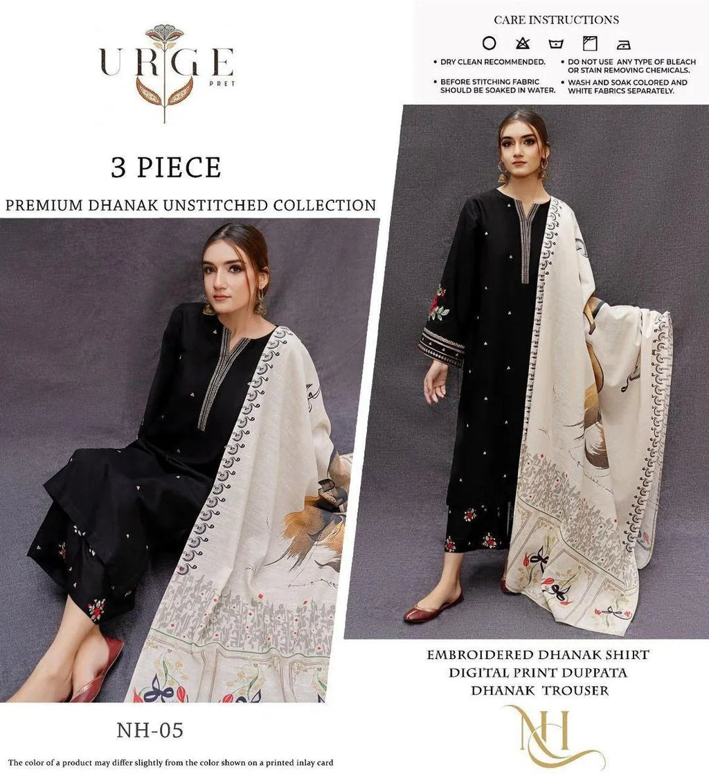Black Embroidered Dhanak Suit - 3-Piece Unstitched with Pashmina Dupatta (Design 2)