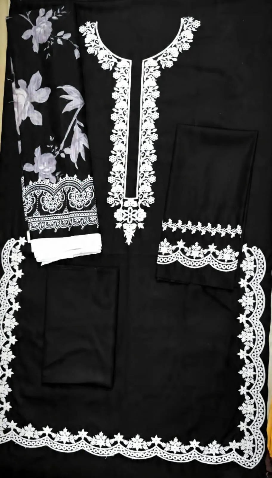 Unstitched Embroidered Lawn Suit - Black, 3 Piece