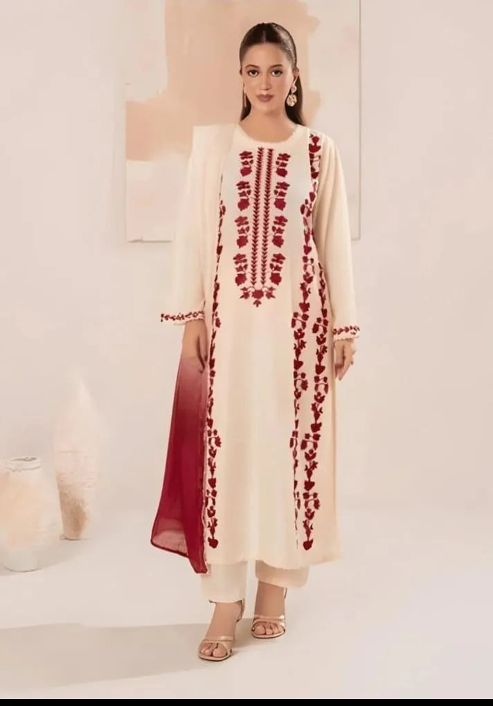 Unstitched Lawn Suit - Ivory, Embroidered, 3 Piece