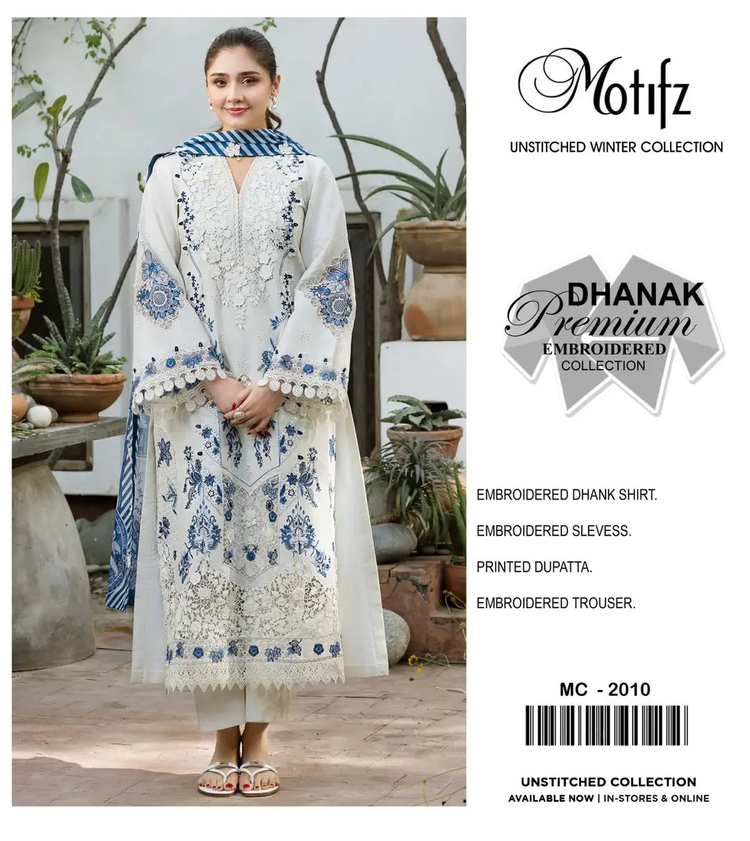 Women's Unstitched Dhanak Suit - Chikankari, Wool Dupatta