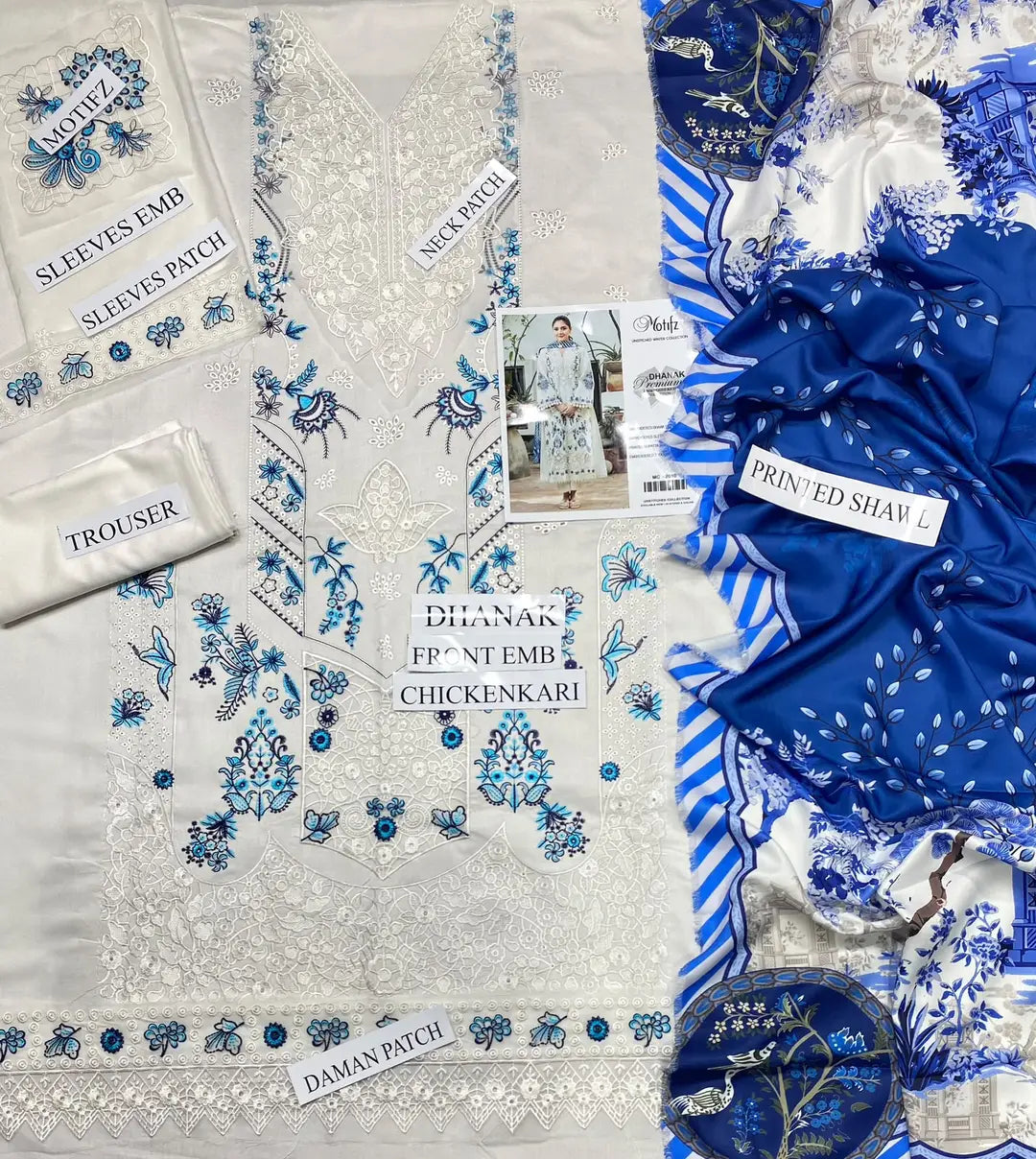 Women's Unstitched Dhanak Suit - Chikankari, Wool Dupatta